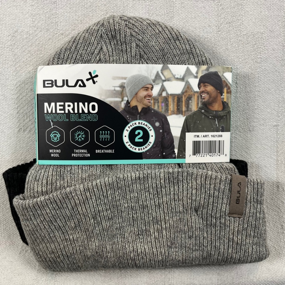 Bula 2 Pack Merino Wool Blend Beanies Gray Black Cuffed Winter Hats 1621288